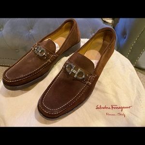 Salvatore Ferragamo Mens Loafers Shoes Brown Suede